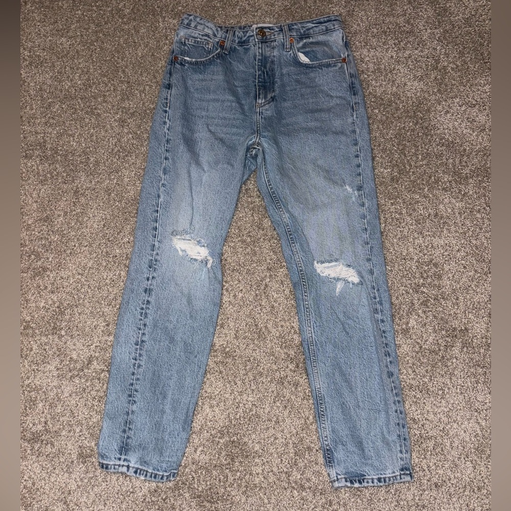 Zara Women’s Straight Leg Jeans Size 6, High Rise Distressed Denim